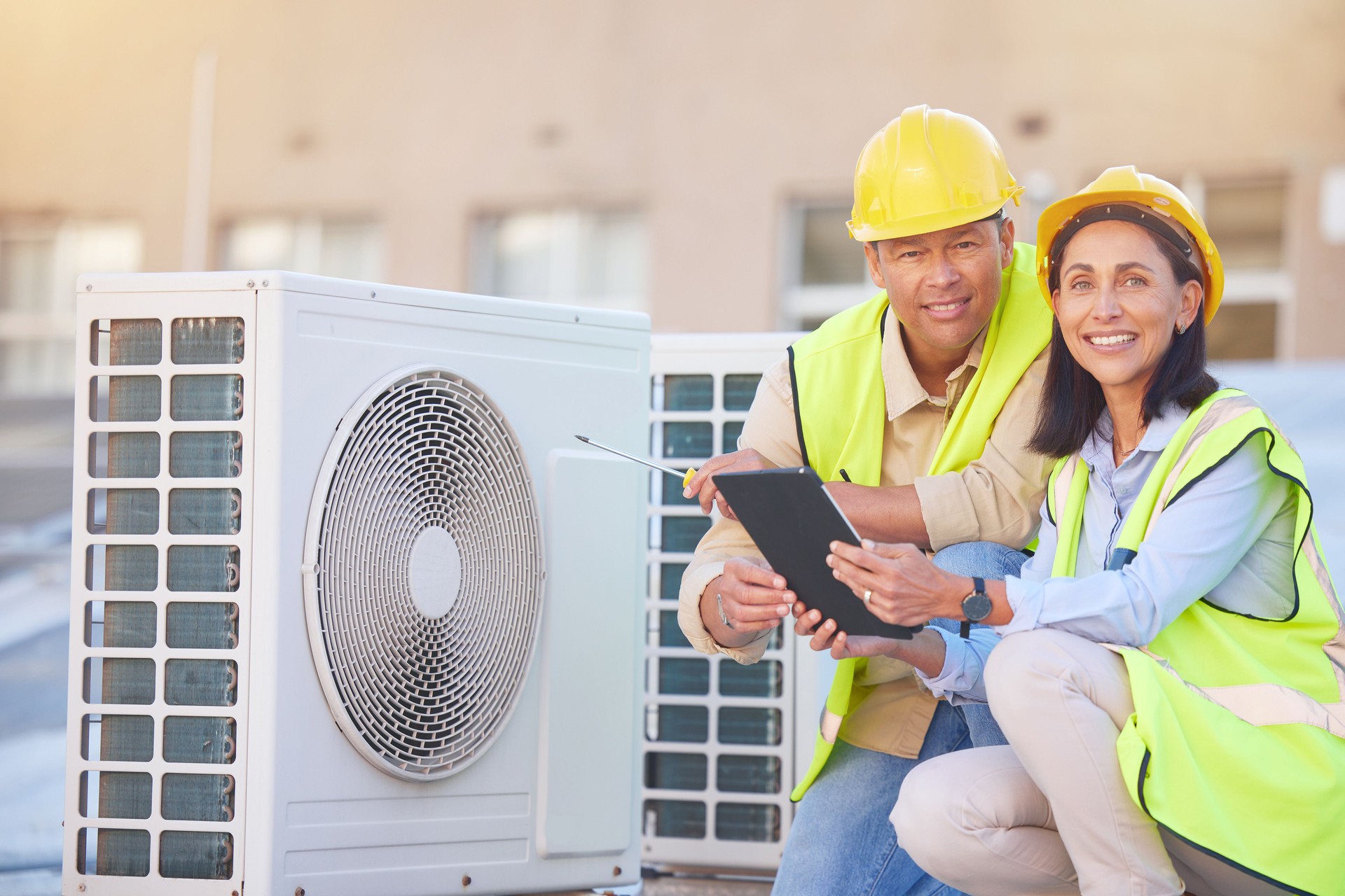 Air conditioner, building maintenance and teamwork with tablet, smile and development with engineer team. Engineering man, repair woman and digital tech in portrait with collaboration for ac repair